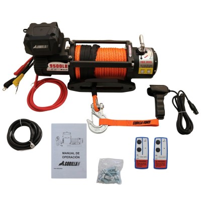Winche Gorilla Force 9.500 libras 12v control remoto manual e inalámbrico piola sintética