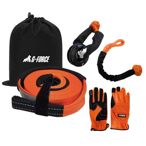 Kit Cinta de Tiro Snatch Strap Recuperación Rescate Eslinga 12 Toneladas 9 metros polea aluminio y grillete soft G-FORCE