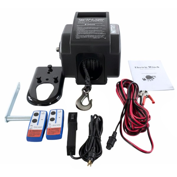 Winche Eléctrico Portátil 3.000 libras 12v Piola Sintética desmontable y control remoto