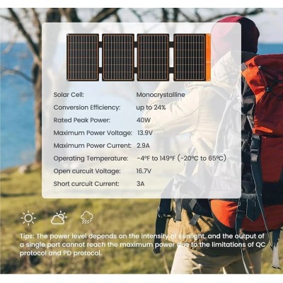 FlexSolar  Panel Solar Cargador Plegable de 40 W USB-A USB-C Portátil de Emergencia Monocristalino Impermeable