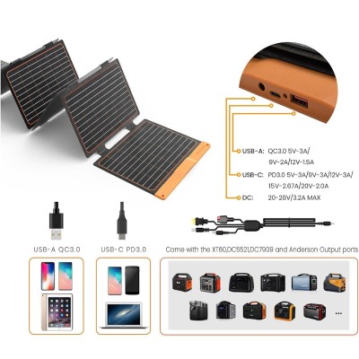 FlexSolar Panel Solar Cargador Plegable de 60 W USB-A USB-C  CC y DC 20-28V Portátil de Emergencia Monocristalino Impermeable