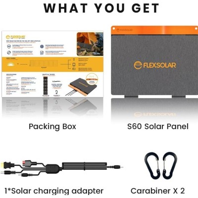 FlexSolar Panel Solar Cargador Plegable de 60 W USB-A USB-C  CC y DC 20-28V Portátil de Emergencia Monocristalino Impermeable