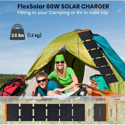 FlexSolar Panel Solar Cargador Plegable de 60 W USB-A USB-C  CC y DC 20-28V Portátil de Emergencia Monocristalino Impermeable