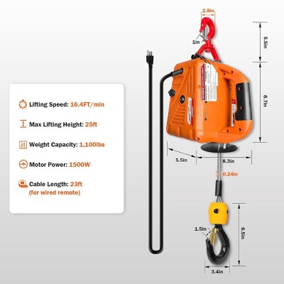 Toyo-Intl Japan Tecle Portátil 500 kg control remoto inalámbrico 1500w 220v y accesorios