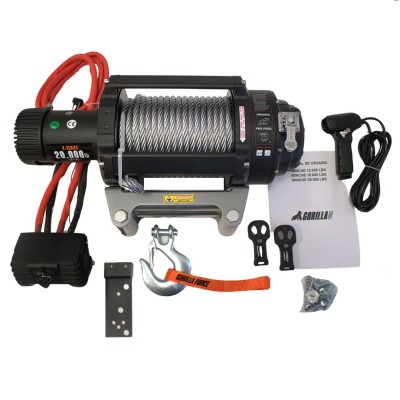 Pack Gruero Winche Gorilla Force 20.000 libras 24v control remoto manual e inalámbrico y accesorios