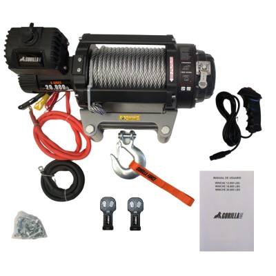 Pack Gruero Winche Gorilla Force 20.000 libras 24v control remoto manual e inalámbrico y accesorios