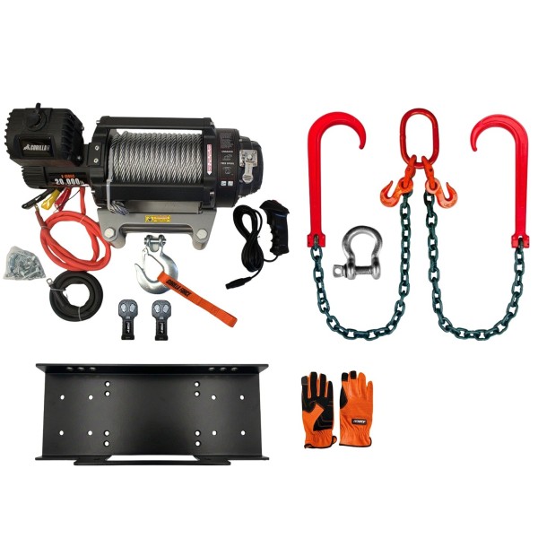 Pack Gruero Winche Gorilla Force 20.000 libras 24v control remoto manual e inalámbrico y accesorios