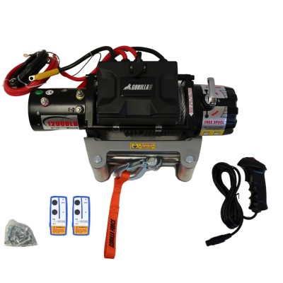 Pack Gruero Winche Gorilla Force 12.000 libras 12v control remoto manual e inalámbrico y accesorios