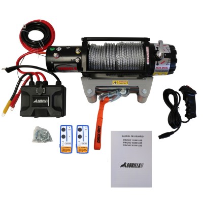 Pack Gruero Winche Gorilla Force 12.000 libras 12v control remoto manual e inalámbrico y accesorios