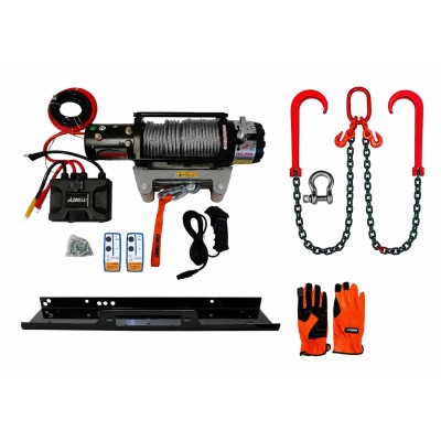 Pack Gruero Winche Gorilla Force 12.000 libras 12v control remoto manual e inalámbrico y accesorios