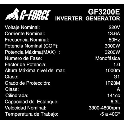 Generador Inverter Gasolina 3200w G-Force Encendido Eléctrico , Manual y Control Remoto