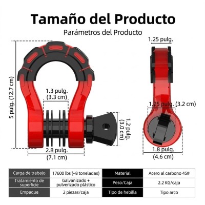 Kit Grilletes Para Remolque Anillo En D 3/4" Soporta 8 Toneladas G-FORCE Rojos