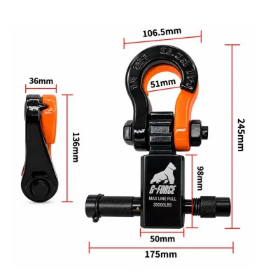 Gancho Grillete Dividido de Tiro Remolque 2'' y 8T con pasador con llave de seguridad G-Force Naranja con Negro
