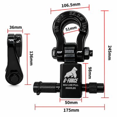 Gancho Grillete Dividido de Tiro Remolque 2'' y 8T con pasador con llave de seguridad G-Force Negro