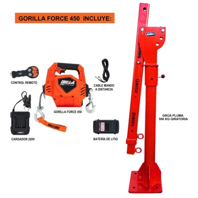 Grúa Giratoria 500KG Gorilla Force Winche portátil con batería litio (piola sintética) Grúa Giratoria 500KG Gorilla Force Winche portátil con batería litio (piola sintética)