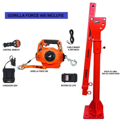 Grúa Giratoria Gorilla Force 400 Winche portátil con batería litio (piola acero) Grúa Giratoria Gorilla Force 400 Winche portátil con batería litio (piola acero)