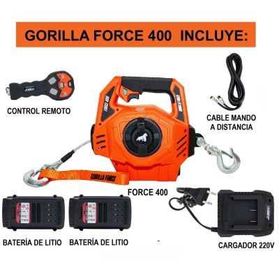 Gorilla Force 450 Winche cabrestante eléctrico portátil capacidad 450 kg o 1000 lb con piola sintética de 12mts 2 baterias litio Gorilla Force 450 Winche cabrestante eléctrico portátil capacidad 450 kg o 1000 lb con piola sintética de 12mts 2 baterias litio