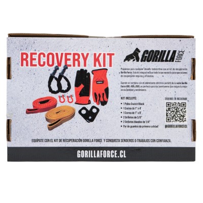 Recovery Kit Gorilla Force Incluye: 1 Polea 4T, 2 Grilletes D 3/8" , 2 Grilletes Soft 1/4", 1 Cinta Strap 1"x4' , 1 Cinta Strap