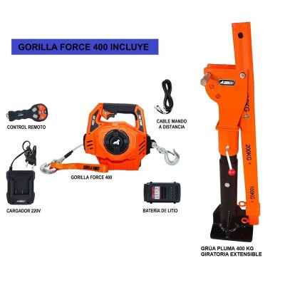 Grúa Giratoria 400KG Extensible Gorilla Force Winche portátil con batería litio (piola sintética)